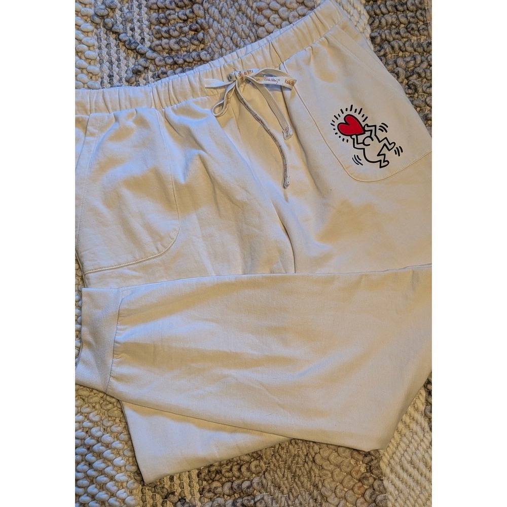 Keith Haring Graphic Joggers Cream Fleece Sweatpants Womens M retro streetwear - Picture 5 of 8